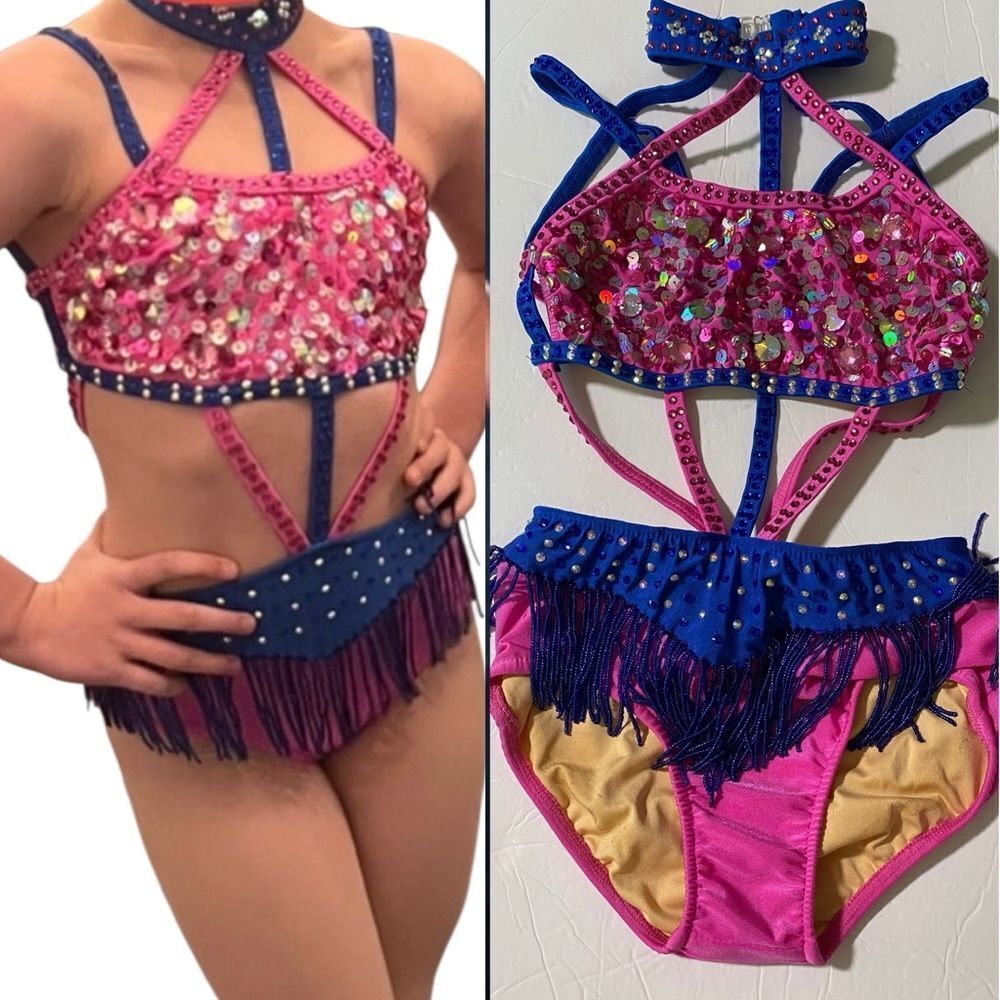 Glamour solo sassy dance costume blue pink embellished rhinestone fringe LC